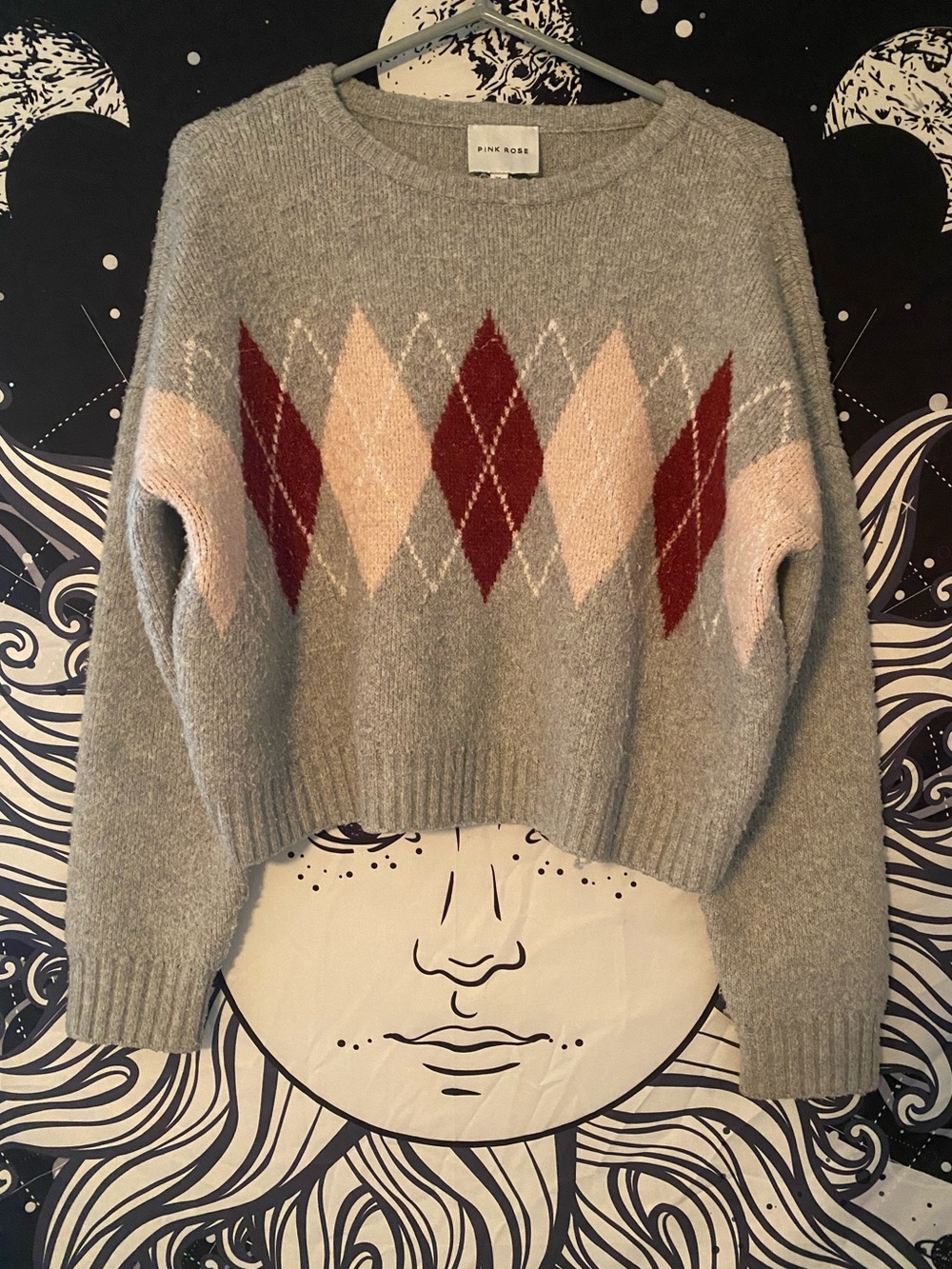 Women’s Grey & Pink Preppy Retro Argyle Sweater